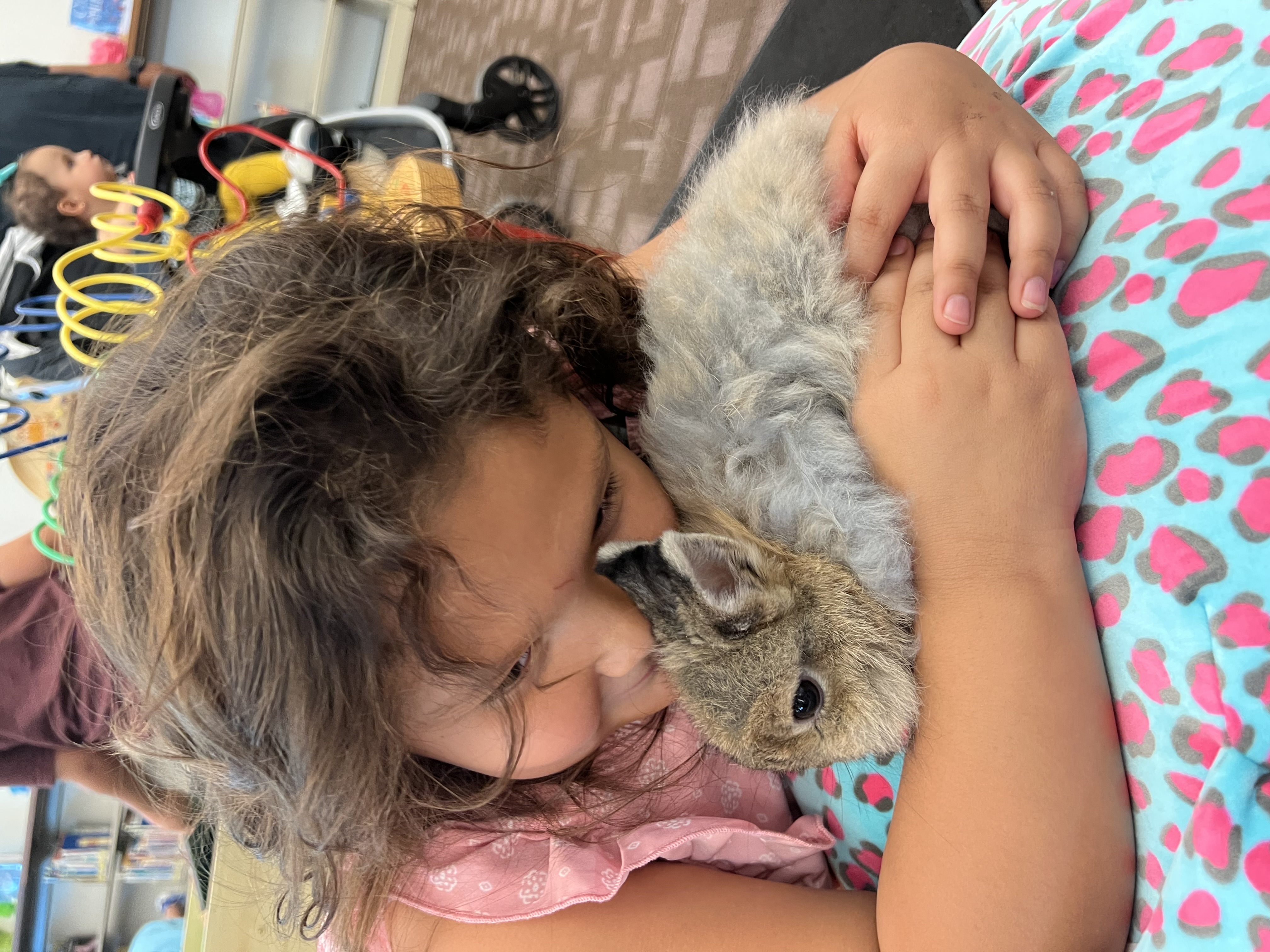 Child hugging therapy bunny